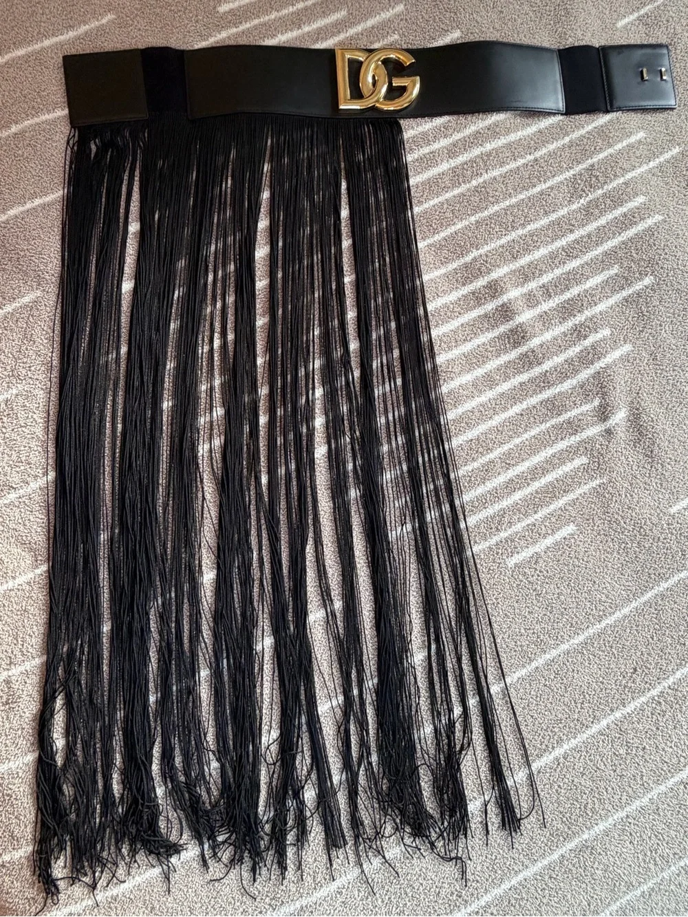 Dolce & Gabbana Runway Black Leather Fringe Belt with Gold DG Buckle